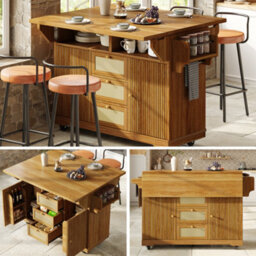 Matteo Foldable Kitchen Island Serving Trolley With Pe Rattan Drawers - Dark Brown - thumbnail 1