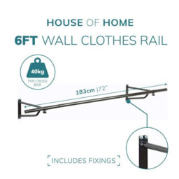 House Of Home Black Heavy Duty Wall-Mounted Clothes Rail 6Ft Wardrobe Storage & Organiser - thumbnail 2