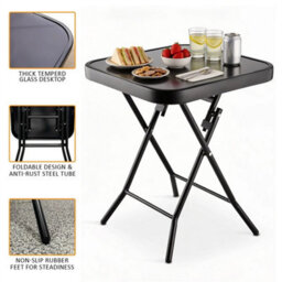 Garden Furniture Glass Top Side Table Patio Rattan Foldable Drinks Coffee - thumbnail 1