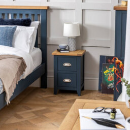 The Furniture Market Westbury Blue Painted Slim 2 Drawer Bedside Table Light Oak Top, Brushed Steel Handles, Compact Storage For Small Spaces - thumbnail 5