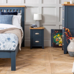 The Furniture Market Westbury Blue Painted Slim 2 Drawer Bedside Table Light Oak Top, Brushed Steel Handles, Compact Storage For Small Spaces - thumbnail 4