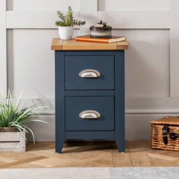 The Furniture Market Westbury Blue Painted Slim 2 Drawer Bedside Table Light Oak Top, Brushed Steel Handles, Compact Storage For Small Spaces - thumbnail 3