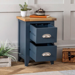 The Furniture Market Westbury Blue Painted Slim 2 Drawer Bedside Table Light Oak Top, Brushed Steel Handles, Compact Storage For Small Spaces - thumbnail 2