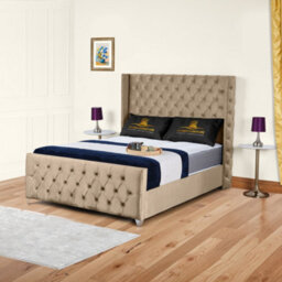 UKBEDFURNITURE Windsor Wingback Beige Plush Valvet Upholstered Bed Frame Only - Slatted Base - 48 Inch Headboard - thumbnail 1