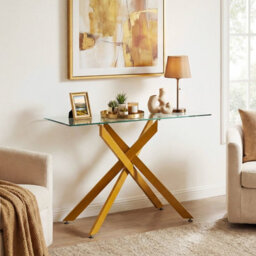 Costway Glass Console Table 115 Cm Entryway Table With Clear Tempered Glass Top-Golden - thumbnail 4