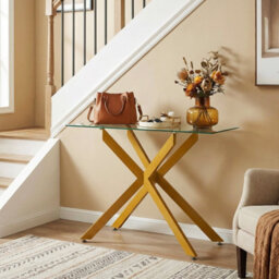 Costway Glass Console Table 115 Cm Entryway Table With Clear Tempered Glass Top-Golden - thumbnail 9