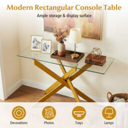 Costway Glass Console Table 115 Cm Entryway Table With Clear Tempered Glass Top-Golden - thumbnail 8