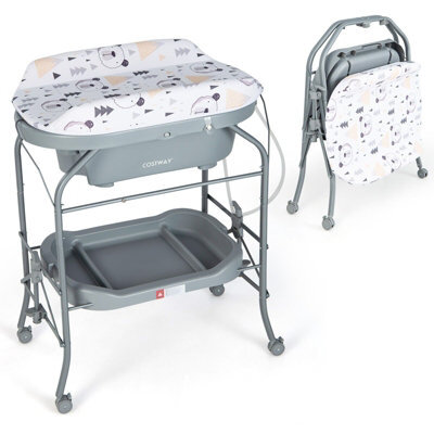 Costway 4 In 1 Baby Changing Table Folding Infant Nursery Station With Bath Tub-Gray - image 1