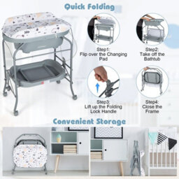 Costway 4 In 1 Baby Changing Table Folding Infant Nursery Station With Bath Tub-Gray - thumbnail 6