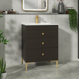 Royal Bathrooms Royal Bathroom Verona 600mm Walnut Woodgrain 3-Drawer Floor Standing Bathroom Vanity Unit With Ceramic Basin & Brushed Brass Knob
