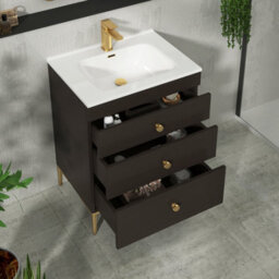Royal Bathrooms Royal Bathroom Verona 600mm Walnut Woodgrain 3-Drawer Floor Standing Bathroom Vanity Unit With Ceramic Basin & Brushed Brass Knob - thumbnail 5
