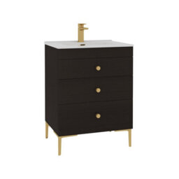 Royal Bathrooms Royal Bathroom Verona 600mm Walnut Woodgrain 3-Drawer Floor Standing Bathroom Vanity Unit With Ceramic Basin & Brushed Brass Knob - thumbnail 6