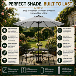 Glamhaus Garden Parasol Table Umbrella 2.7M With Crank Handle, Uv40 Protection, Free Protection Cover, Robust Steel - Light Grey - thumbnail 8