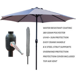 Glamhaus Garden Parasol Table Umbrella 2.7M With Crank Handle, Uv40 Protection, Free Protection Cover, Robust Steel - Light Grey - thumbnail 2