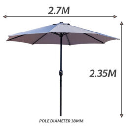 Glamhaus Garden Parasol Table Umbrella 2.7M With Crank Handle, Uv40 Protection, Free Protection Cover, Robust Steel - Light Grey - thumbnail 3