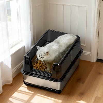 London Boutique Stainless Steel Cat Litter Tray, 60X40X35.5Cm Open Top Litter Box, High Sided, Easy Clean, Black - image 1
