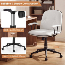 Costway Home Office Desk Chair Pu Leather Swivel Makeup Vanity Chair-White - thumbnail 9