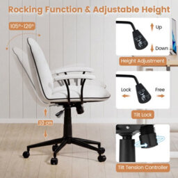Costway Home Office Desk Chair Pu Leather Swivel Makeup Vanity Chair-White - thumbnail 7