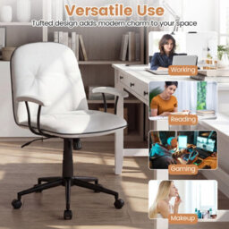 Costway Home Office Desk Chair Pu Leather Swivel Makeup Vanity Chair-White - thumbnail 2