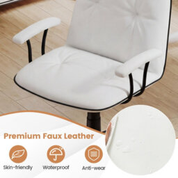 Costway Home Office Desk Chair Pu Leather Swivel Makeup Vanity Chair-White - thumbnail 3