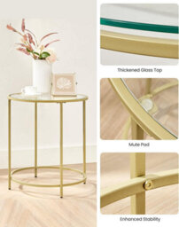 Songmics Vasagle Circular Accent Table, Petite Espresso Table, Toughened Glass Side Table, Nightstand, Lounge, Veranda, Gold Color - thumbnail 8