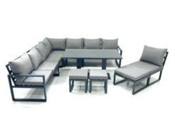 Fimous 11 Seater Outdoor Aluminum Garden Furniture Set Corner Sofa 3 Footstools Rising Lifting Dining Table Sets Dark Grey - thumbnail 2