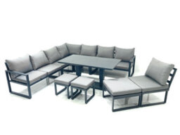 Fimous 11 Seater Outdoor Aluminum Garden Furniture Set Corner Sofa 3 Footstools Rising Lifting Dining Table Sets Dark Grey - thumbnail 1