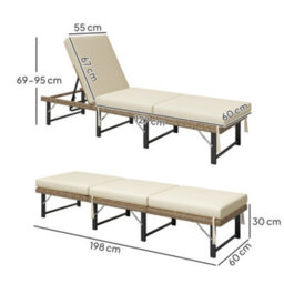 Outsunny Folding Rattan Sun Lounger With Adjustable Back, Cushion, Natural - thumbnail 3