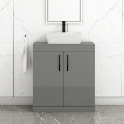 Royal Bathrooms Turin 800mm Floor Standing Vanity Unit 2 Door Indigo Grey Gloss & Countertop Basin - Cube With Matt Black Handle - image 1