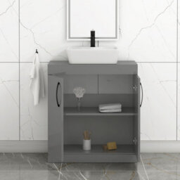 Royal Bathrooms Turin 800mm Floor Standing Vanity Unit 2 Door Indigo Grey Gloss & Countertop Basin - Cube With Matt Black Handle - thumbnail 3