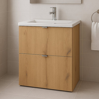 Heze Furniture Dove 2 Drawer Bathroom Cabinet Vanity Unit With Built-In Basin 50Cm In Evoke Oak - image 1