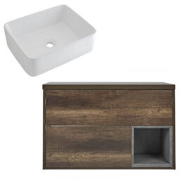 Homestylestore 1000mm Dark Oak Wall Hung Bathroom Vanity Unit With Rectangular Countertop Basin - thumbnail 1