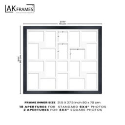 AK Frames 80X70Cm Black Classic Multi Photo Frame With White Mount - Holds 20 Apertures (18X) 6X4, (2X) 4X4 Photos - thumbnail 4