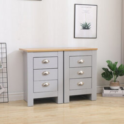 Furniturehmd 3 Darwer Wooden Bedside Tables Set Of 2 Bedside Cabinet Storage Unit Grey And Oak - thumbnail 2