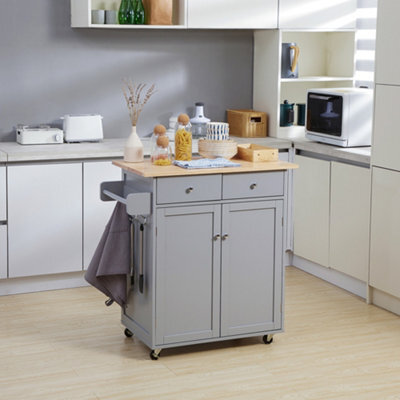 Homcom Rolling Kitchen Island, Utility Serving Cart With Rubber Wood Top Grey - image 1