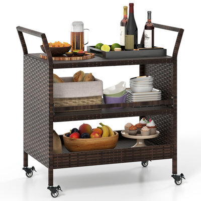 Gainoom Outdoor Brown Bar Cart 3-Tier Patio Rattan Storage Shelf W/ Side Handles - image 1