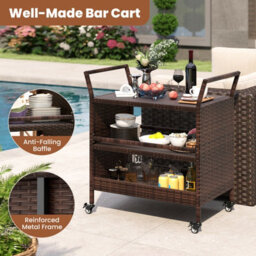 Gainoom Outdoor Brown Bar Cart 3-Tier Patio Rattan Storage Shelf W/ Side Handles - thumbnail 8
