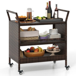 Gainoom Outdoor Brown Bar Cart 3-Tier Patio Rattan Storage Shelf W/ Side Handles - thumbnail 1