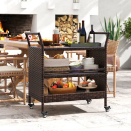 Gainoom Outdoor Brown Bar Cart 3-Tier Patio Rattan Storage Shelf W/ Side Handles - thumbnail 3