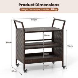 Gainoom Outdoor Brown Bar Cart 3-Tier Patio Rattan Storage Shelf W/ Side Handles - thumbnail 2