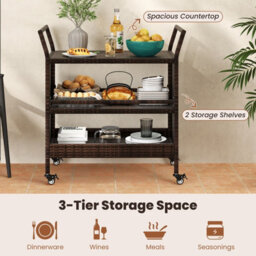 Gainoom Outdoor Brown Bar Cart 3-Tier Patio Rattan Storage Shelf W/ Side Handles - thumbnail 5