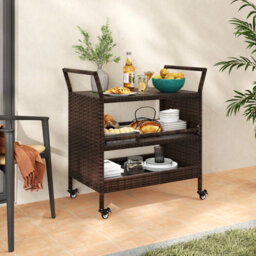 Gainoom Outdoor Brown Bar Cart 3-Tier Patio Rattan Storage Shelf W/ Side Handles - thumbnail 4