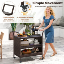 Gainoom Outdoor Brown Bar Cart 3-Tier Patio Rattan Storage Shelf W/ Side Handles - thumbnail 6