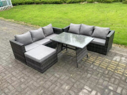 Fimous 7 Seater Rattan Outdoor Furniture Sofa Garden Dining Set With Oblong Dining Table Big Footstool Dark Grey - thumbnail 1