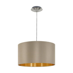 Elegant Satin Nickel Pendant Ceiling Light With Taupe Gold Fabric Shade