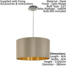Elegant Satin Nickel Pendant Ceiling Light With Taupe Gold Fabric Shade - thumbnail 2