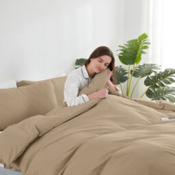 Ameha Beige Plain 3-Piece Duvet Set Microfiber Breathable King Size 230X220 Cm Bedding Set With Matching Pillowcases - thumbnail 3