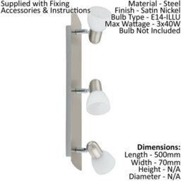 2 Pack Wall 3 Spot Light Colour Satin Nickel Shade White Satin Glass E14 3X40W - thumbnail 2