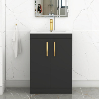 Royal Bathrooms Turin 600mm Floor Standing Vanity Sink Unit Matt Black 2 Door Minimalist Basin With Brushed Brass Handles - image 1