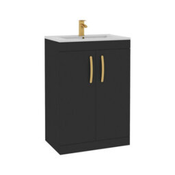 Royal Bathrooms Turin 600mm Floor Standing Vanity Sink Unit Matt Black 2 Door Minimalist Basin With Brushed Brass Handles - thumbnail 6